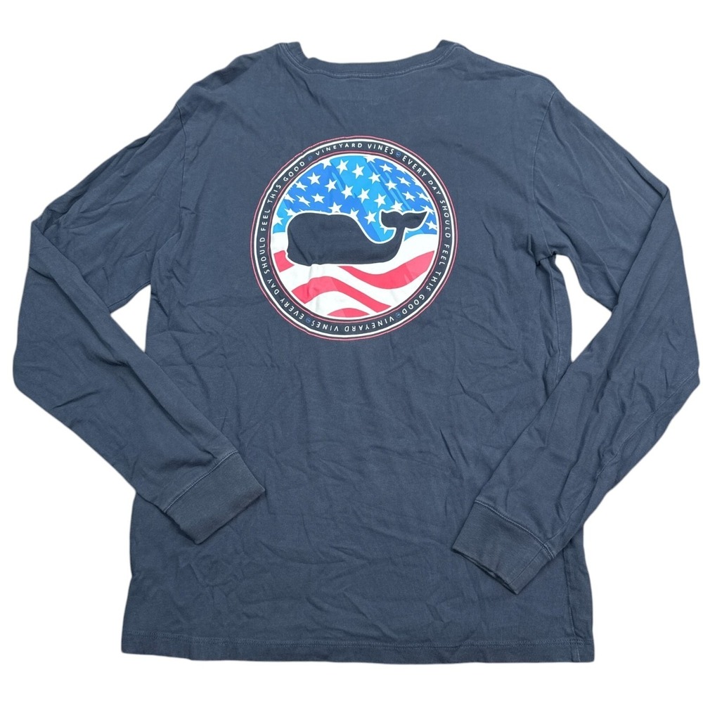 Vineyard Vines Tee Shirt Adult Size XS Blue American Flag Whale Logo Long Sleeve